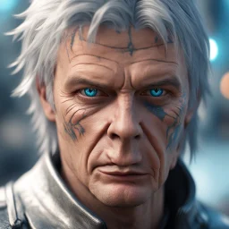 david icke as cyperpunk witchhunter with dark blue eyes and tattoed scars,bokeh like f/0.8, tilt-shift lens 8k, high detail, smooth render, down-light, unreal engine,bokeh like f/0.8, tilt-shift lens 8k, high detail, smooth render, down-light, unreal engine