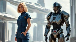 A full-body photograph of a young, slender woman with blond shoulder-length bob hair in a blue jumpsuit, standing in a futuristic cityscape with advanced spacecraft behind them, with an android in a huge metal exosuit with a helmet standing guard beside her.