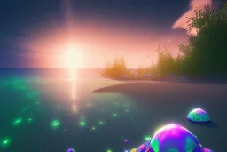 stars, polinesian beach, shore ,shoreline, beautiful, path, night time ,trail, lights glowing ,colorful ,nightsky, water, peace, magical, sanddollar, ocean, hyperrealistic, cinematic lighting, particles, unreal engine, full of details,smooth, bright sunshine，soft neon light atmosphere,crystal irridescent light effect，light blue colour, vaporwave colorful, concept art, smooth, extremely sharp detail, finely tuned detail, ultra high definition, 8 k, unreal engine 5, ultra sharp focus