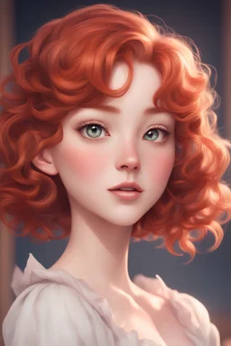 A short girl with thick short wavy red hair, narrow kind eyes with an enthusiastic look. A wide oval face is decorated with an upturned nose and small lips in the style of genshin impact, a ballerina dances