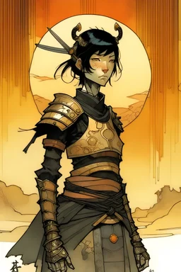 pale female with short black hair, wearing samurai armor, whole body. A soft-focus image of the golden sunrise casting a warm glow, create in inkwash and watercolor, in the comic book art style of Mike Mignola, Bill Sienkiewicz and Jean Giraud Moebius, highly detailed, gritty textures,