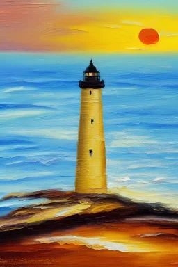 oil painting of lighthouse on cliffs at sunset with impasto texture