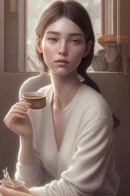 8k 4d photo realistic Highly detailed portrait of stunningly beautiful woman, sitting inside a cozy cafe, Atey Ghailan, by Loish, by Bryan Lee O'Malley, by Cliff Chiang, by Greg Rutkowski, inspired by image comics, potrait illustration, cute fine face, pretty face, realistic shaded perfect face, symetrical eyes, perfecet eyes