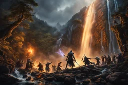 skeletons, zombies, banshees, wraiths and ghosts fighting a wizard at the foot of a 3.000 feet high waterfall. fantasy setting, horror. exquisite realism, a masterpiece, fantasy concept art, dynamic lighting, hyperdetailed, intricately detailed, deep color, Unreal Engine, volumetric lighting, Epic cinematic brilliant stunning intricate meticulously detailed dramatic atmospheric maximalist digital matte painting