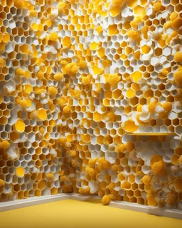 irtual photo wallpaper with honeycombs, a beautiful yellow background, false windows and bright pseudo-lights and spots on the walls, display shelves for products