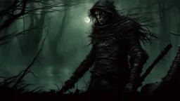 Night terrible forest, post-apocalypse, dark style, Luis Royo & Raymond Swanland