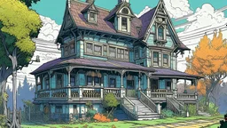 colorful flat illustration classical animes, An old, dilapidated Victorian-style house with a large wraparound porch, multiple gables, and a weathered, dark exterior. The house appears to be abandoned, surrounded by bare trees and a dirt path leading up to it, draw art style influenced by japanese artists, niji, black outlines