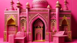 A rosy pink Arabian kingdom with a palace designed in Mehndi design painted by Stuart Davis
