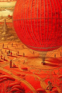 An orangish red basketball field on an airship designed in Mehndi design painted by Utagawa Hiroshige