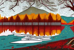 The image is divided vertically by a river, in which clocks flow instead of water. In the background are snow-covered mountains, on the left bank of the river an autumn forest with deciduous trees, and at the base of one of them a red mushroom with white spots. On the right bank of the river, a spring green meadow with wild flowers, butterflies fluttering, bunnies scurrying in sunshine. Watercolor on wet paper, soft strokes, shading pastel colors, reflection, mist, fog.