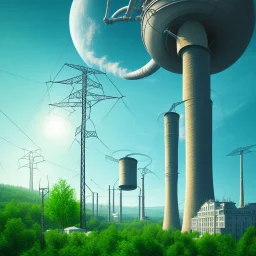 energy, power plant, technology, power line, future, flying cars, green trees, blue sky