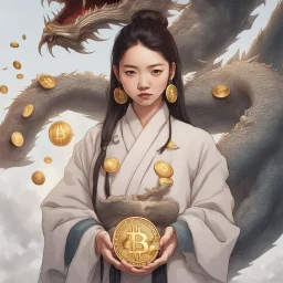 Bitcoin cryptocurrency in the hands of a traditional chinese girl, dragon