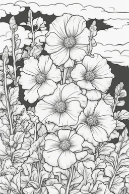 flowers coloring page for kids, hollyhock, cartoon style, thick outline, low details, no shading, no color