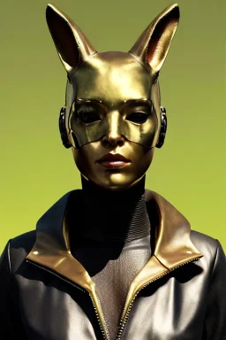 Medium Close Up Portrait, Front image. cyberpunk, rabbit mask, sweet woman, gold hair. Leather, feather suit. Yellow, red, color. Sexy cyborg style. Color background, photo studio. Avatar image, highly detailed, concept art, smooth, unreal engine 5, ray tracing, RTX, lumen lighting, ultra detail, volumetric lighting, 3d, finely drawn, high definition, high resolution.