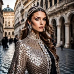 Beautiful model female fashion vogue style, portraits with dresses Gucci, Balenciaga, Chanel, background Rome via Nazionale, via Condotti, Piazza di Spagna, Dramatic ambience, wearing shining Diamond Jewelry, in sharp focus, post – processing, perfect composition, global illumination, Canon EF 16 – 35mm f/ 2. 8L III USM Lens on a Canon EOS 5D Mark IV camera, Cinematic lighting, Dramatic lighting, sharp focus, photorealistic, Ultimate Luxury, romantic mood, expressions, 4k, 8k, 16k, full ultra hd