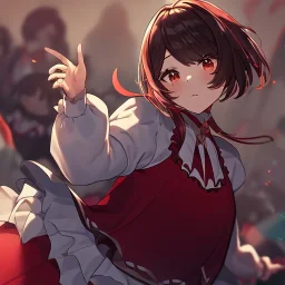 Clear focus, High resolution, Rough line, cute, cartoon style, white short hair, fluff cut, long locks, spiky hair, wearing a white long sleeve skirt, red frills at the top, wearing a red skirt and a white line, red lines on shirt, puffy sleeves on the top