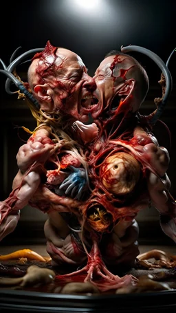 cinematic gore Bosch vs Dali style photorealistic photo of a mangled embryonic body wrestling itself in a fleshy vortex vortex, of anatomically fragmented, ripped apart again being flayed, skinned alive beating heart, muscles, blood vessels, bowels, entrails, capillaries, oozing puss are exposed. Visceral anatomy. physiology. Their face and body opens with a zipper. Bosch and Dali inspired hallucinations. mythology. grotesque.