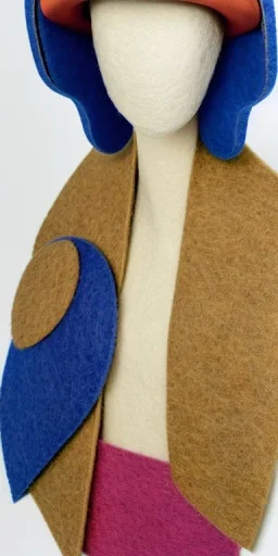 Whole woman in the image. she has plum-blue-magenta-camouflage mantel and simple orange felt bolero.Felt cloth visor with tippet cobalt blue. SMALL FELT CAP is merged to Old AKG headphones with recognizable Golden rings! cloth materials are denim and felt cloth mixed. Fashion 2023. Colors: Cream white, zinc plate, red ochre, ochre, orange - all mixed. Thick tights. Thick calves. She is in figure from top to toe.