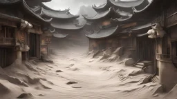 fantasy, chinese town, dune, crater, sand strom, destroyed chinese houses