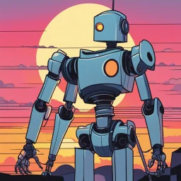 happy robot in front of a sunset in the style of Patrick Nagel