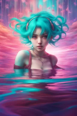 A stunning Anime girl suspended in a kaleidoscope of colors, captured in a photorealistic, cinematic photograph, as if plucked from a dream sequence. Her vibrant turquoise hair flows like a river, contrasting with the muted, earthy tones of her skin, set against a gradient of iridescent pinks and purples, evoking a sense of ethereal mysticism. Soft, cinematic film grain textures the image, infusing it with a sense of nostalgic warmth, as if lit by the flickering lights of a vintage cinema.