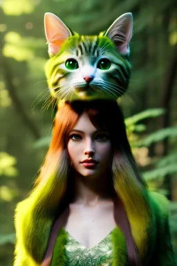 Clear focus,High resolution,High quality,druid, yellow long hair, green eyes, cat ears, Realistic, intricate details, insanely detailed, forest background