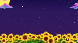 purple sky full of stars, sunflower field, anime