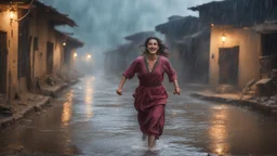 Hyper Realistic Beautiful-Happy-Pashto-Woman running across the streets of her village riverside at heavy-rainy-night with dramatic-&-cinematic-ambiance