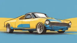 hand drawing car side view in yellow and blue background