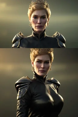 Cersei Lannister as evil queen in black leather, busty, cleavage, curvy, lena headay, angry, stern look. character design by cory loftis, fenghua zhong, ryohei hase, ismail inceoglu and ruan jia. unreal engine 5, artistic lighting, highly detailed, photorealistic, fantasy