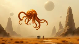 A surreal landscape with a large, orange, tentacled creature floating above two small human figures. The background features a hazy, dreamlike sky with floating spheres. The overall style is imaginative and fantastical