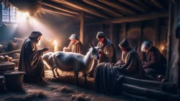 Traditional Christian nativity scene in the stable, baby Jesus in manger, Mary, Joseph, cow, donkey, shepherds, night, holy, beautiful, cozy, high resolution photograph