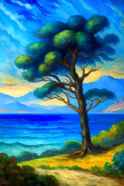 classic french style Monet painting of an ocean view with a tree in the foreground and mountain in the background