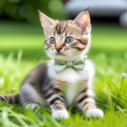 casual kitten with a bow on its neck sits on the lawn