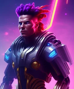  a predator cyborg,strong,muscular,cinematic lights,purple and fire colours,rasta hair