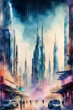 Dubai city view in fantasy cyberpunk style with famous tram, watercolour