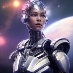 cosmos masterpiece, humanoid cyborg robot with sword hands, sango fantasy, fantasy magic, sharp focus, illustration, highly detailed, digital painting, concept art, matte, artgerm and paul lewin and kehinde wiley, full figure, fit in board, cyber punk, pretty accurate hands face fingers, natural aye, fit within portrait