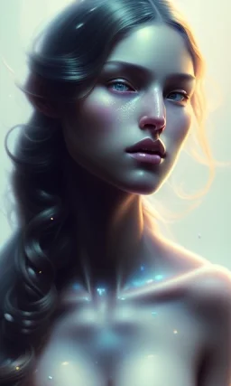 porno model , cute, beautiful, long hair, wavy hair, curly hair، black eyes, head and shoulders portrait, cinematic, 8k, resolution concept art portrait by Greg Rutkowski, Artgerm, WLOP, Alphonse Mucha dynamic lighting hyperdetailed intricately detailed