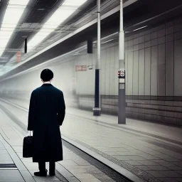 A young Asian man with long hair and a black trench coat waiting for a woman at a train station in Tokyo