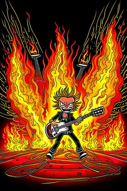 Firestarter animateur radio metal. Cartoon. Flames all around.