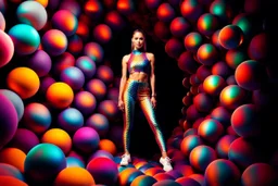 beautiful lady with todays modern clothing and sport shoes, in surreal stage made of fractal random size spheres with helical strip colors in clothing similar to environment full body posing to camera,animating background metallic random color cubes