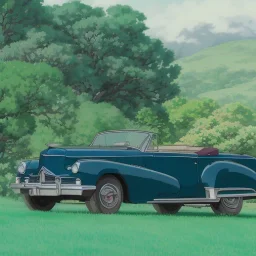old cabriolet Cadillac front, de côté, metallic blue, in the green countryside with a beautiful blue sky