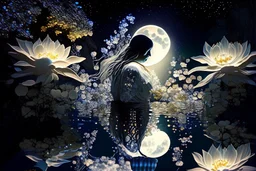 double exposure, merged layers, praying woman silhouette in backlit, glass and gemstone moonflowers bathing in the light from a full moon, rocks, water, amazing night sky, glowing flowers, vines, large stars highly detailed extremely detailed fantasy photorealistic beautiful high detail award winning hyperrealistic ultra detailed high definition crisp quality Jacek Yerka Ultra realistic Dominic Davison