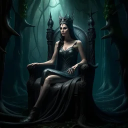 Morena Baccarin as a beautiful sexy dark elf queen seated elegantly on a throne in a mystical forest, dark celtic vignette frame, photo-realistic, cinematic lighting, award-winning photography