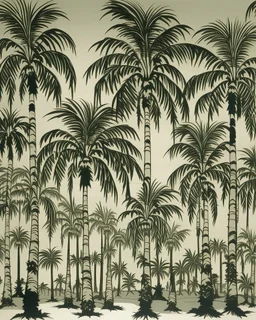 A light gray oasis with tall palm trees designed in Bayeux tapestry painted by Andy Warhol