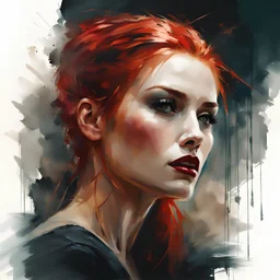 muscular stunning tall russian woman 24yo with red hair pulled back, in a Halloween pinup poster : dark mysterious esoteric atmosphere :: digital matt painting with rough paint strokes by Jeremy Mann + Carne Griffiths + Leonid Afremov, black canvas, dramatic shading