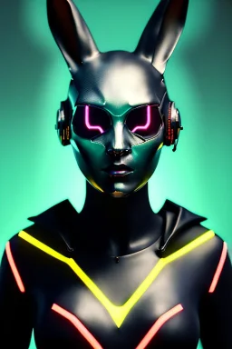 Medium Close Up Portrait, Front image. cyberpunk, rabbit mask, teenager, asian woman, cyber helmet head. Latex dress. Yellow, black, color. Mad max style. LEDs ornaments, Color background, photo studio. Front image, highly detailed, concept art, smooth, unreal engine 5, ray tracing, RTX, lumen lighting, ultra detail, volumetric lighting, 3d, finely drawn, high definition, high resolution.