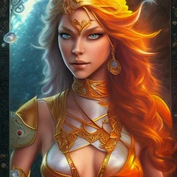 movie poster, A beautiful elf with cutter, pool and letah from elfquest(by Wendy and Richard Pin) with very long hair, orange robe, mummy sweater