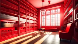 Modern red library interior with sunlight. Decor and desing concept. 3D Rendering