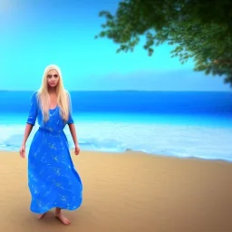 Beautiful full body woman blue eyes long blond hair in an hippy blue flower dress on a beach, unreal engine, 4k